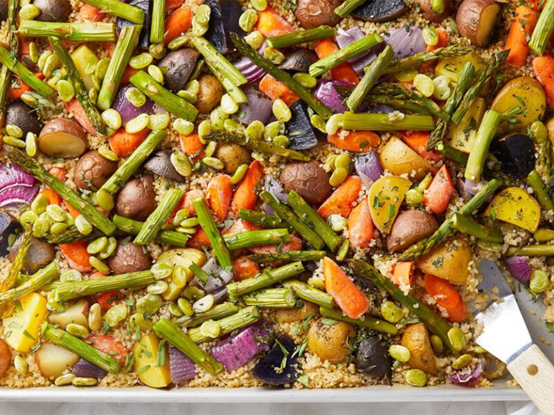 Colorful array of roasted veggies on a sheet pan