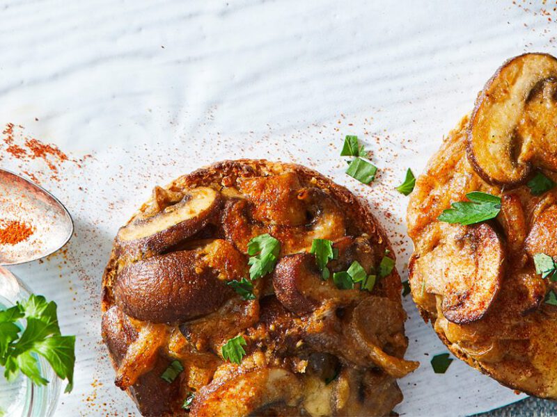 vegan Mushroom Welsh Rarebit on white tablecloth