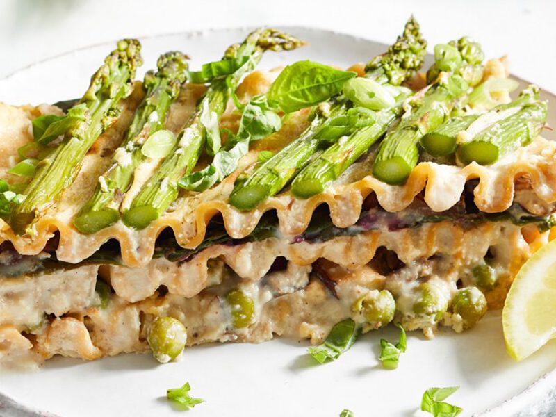 Vegan lasagna verde -- asparagus tops strips of whole wheat lasagna noodles