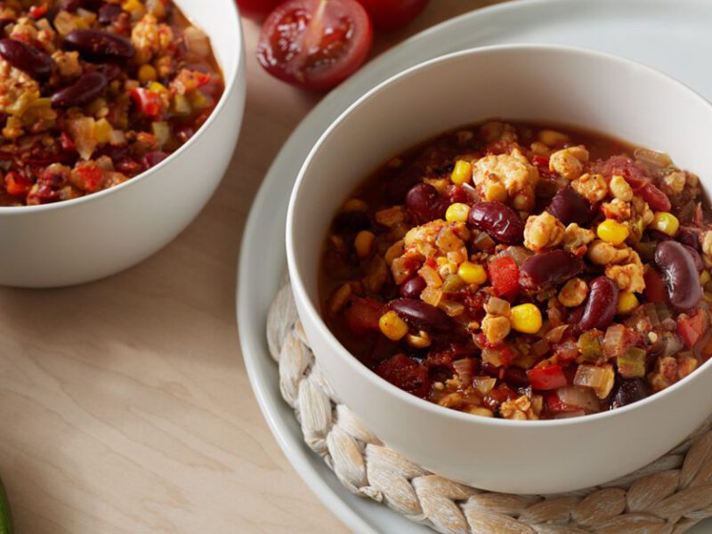 tempeh chili - red chili with beans, corn, crumbled tempeh