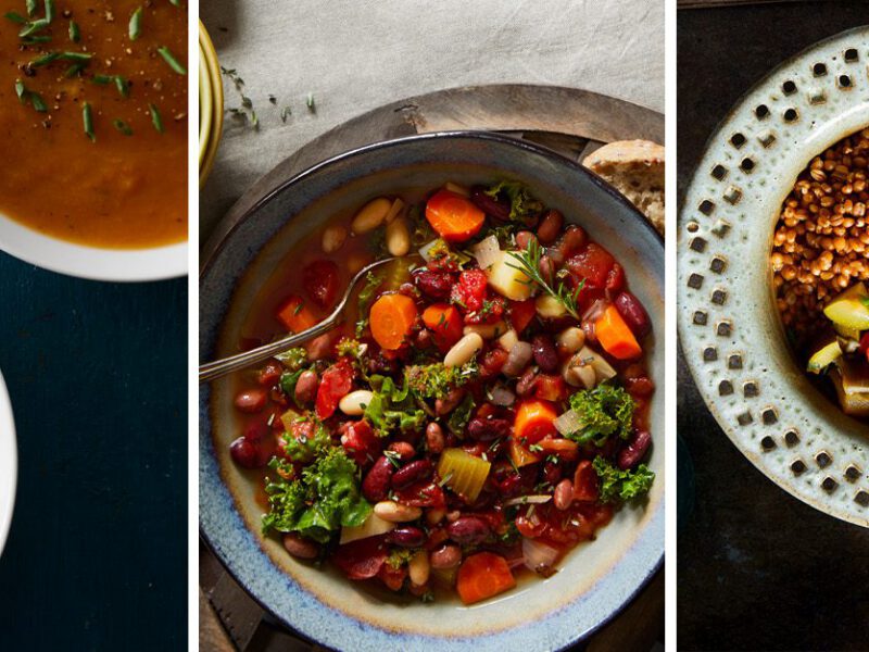 A collage of three images, each with a different bowl of vegan soup made with a slow cooker