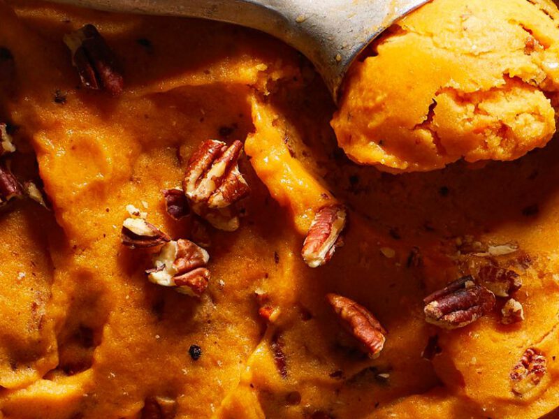 Close up of Butternut-Pecan Nice Cream with an ice cream scoop