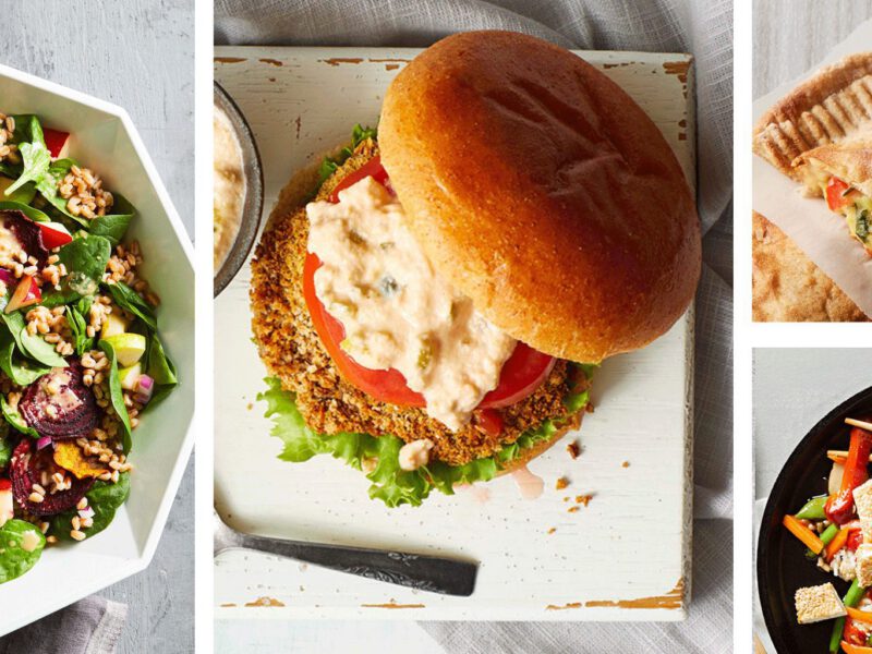 A collage of air-fryer recipes images: starting with a salad with air-fried beets, an air-fried mushroom burger, air-fryer calzones, and a stir-fry with crispy tofu