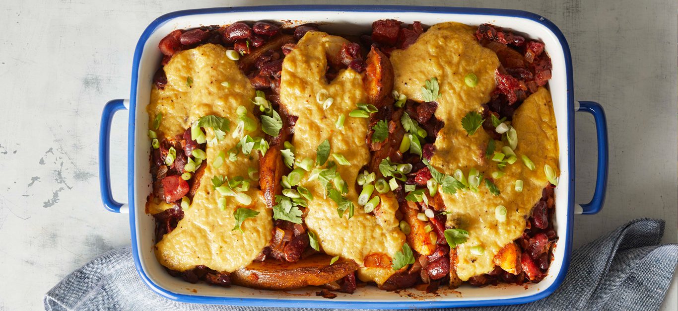 Vegan Chili Cheese Fries in a casserole dish