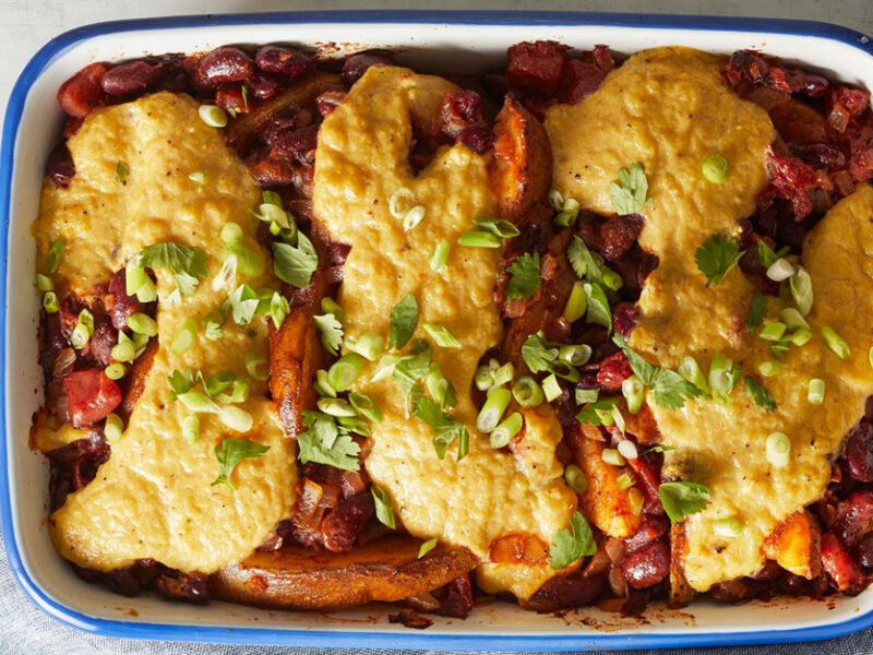 Vegan Chili Cheese Fries in a casserole dish