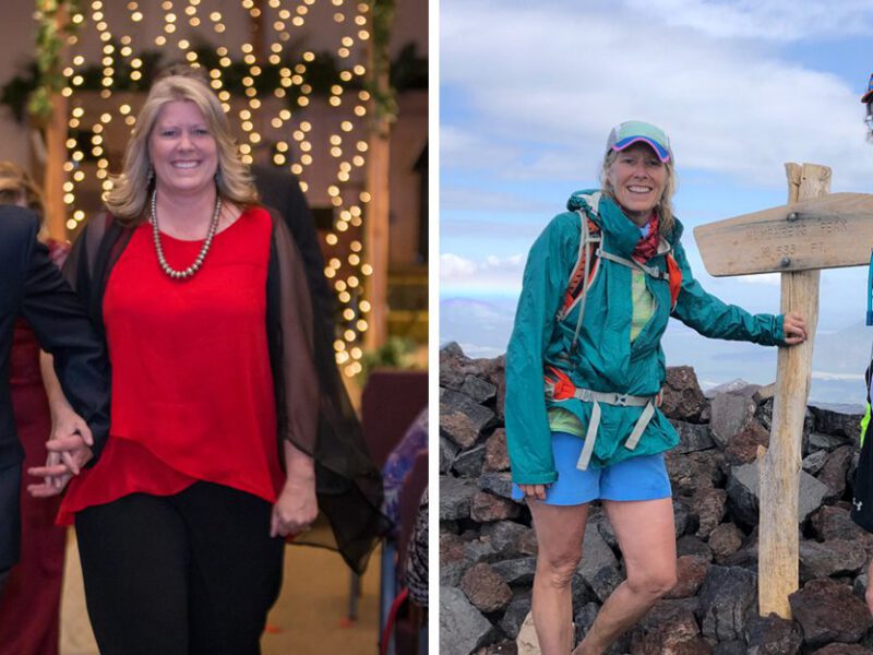 Two side by side photos showing couple Amy and Rod Horn before and after adopting a plant-based diet for diabetes and heart health