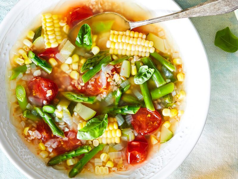 Summer Harvest Soup with Zucchini, Corn, Tomatoes, Asparagus, and Green Beans