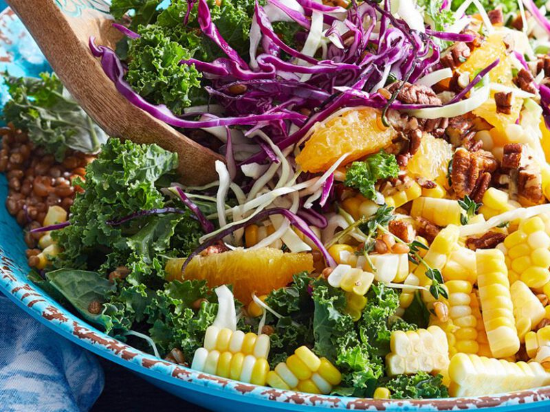 Summertime Kale Slaw with Wheat Berries, Oranges, and Corn