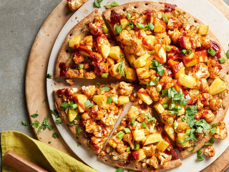 Cauliflower Barbecue Vegan Pizza Made at Home - shown on gray surface
