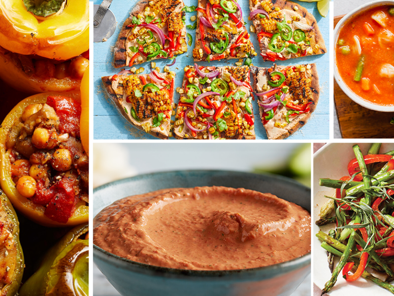 A colorful array of vegan dishes featuring bell pepper