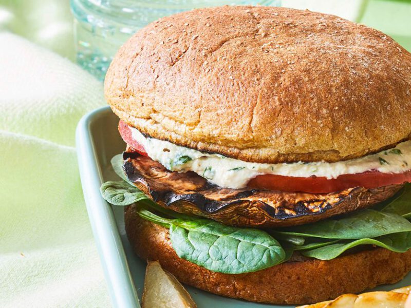 Grilled Mushroom Burger with Tarragon Crema with a side of french fries