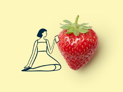Cartoon girl wiping down the seeds of a photographed strawberry