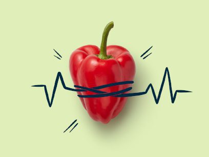 Bell pepper that looks like a heart has cartoon lines drawn around it to signify a heart attack