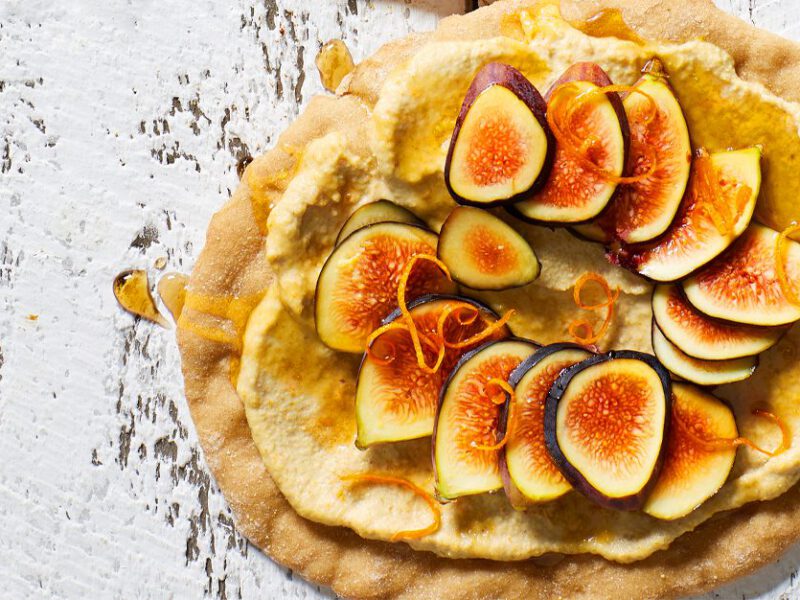 Fig Flatbreads on a white marble countertop