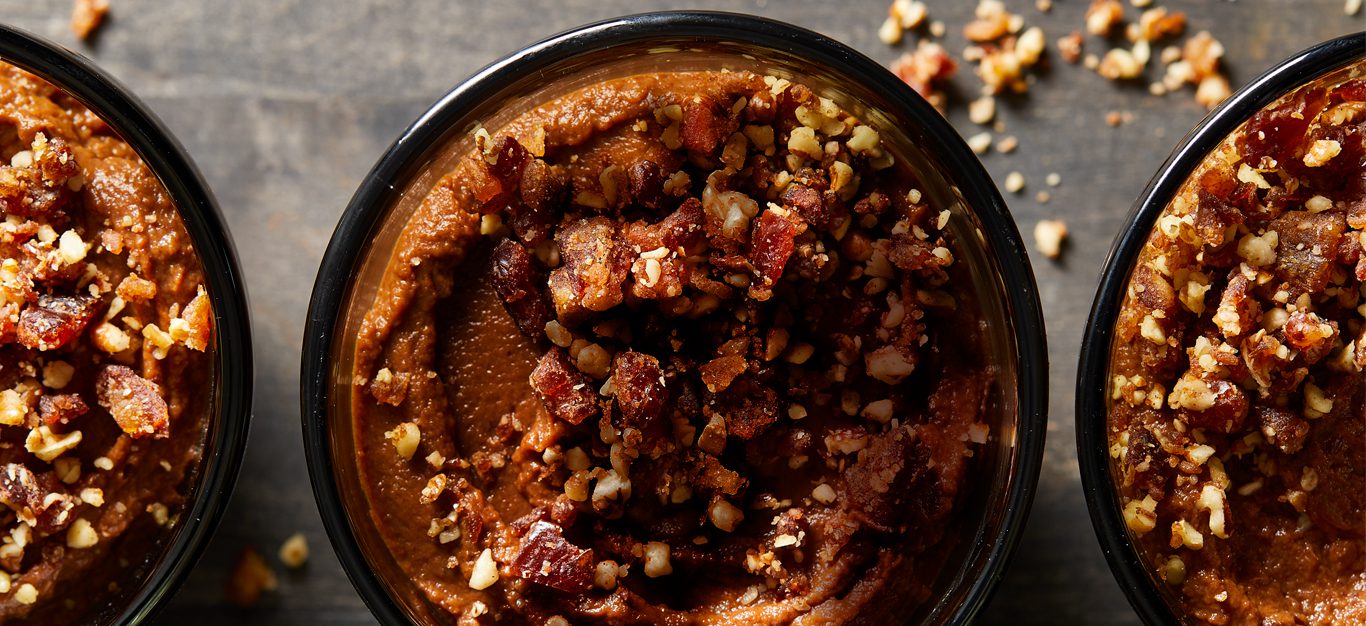Sweet Potato Chocolate Pudding with Pecan Crumble in a glass jar