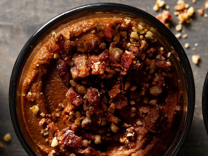 Sweet Potato Chocolate Pudding with Pecan Crumble in a glass jar