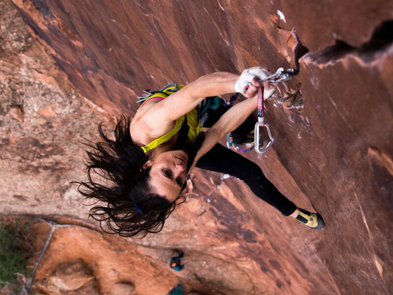 Rock Climber Steph Davis on a Steep Rockface, Rope Climbing