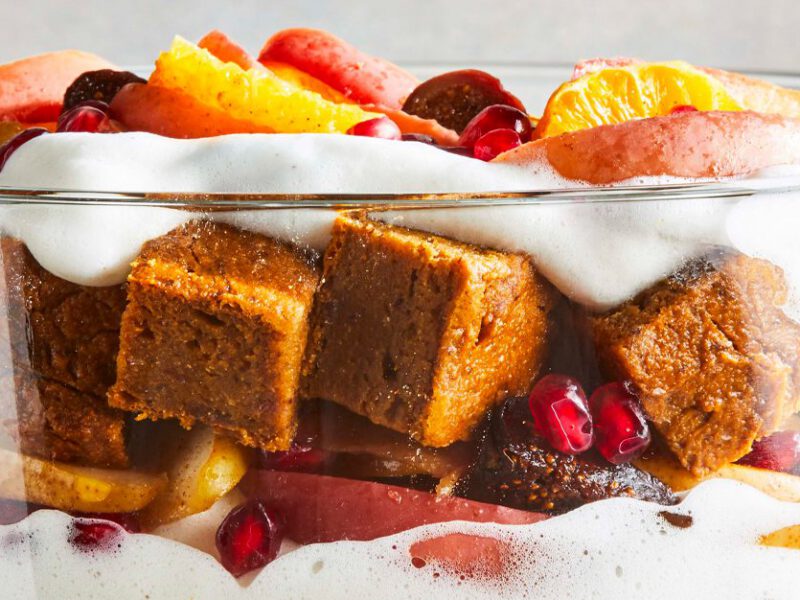 Fall Fruit Trifle with Pumpkin Gingerbread and vanilla cream in a glass serving bowl
