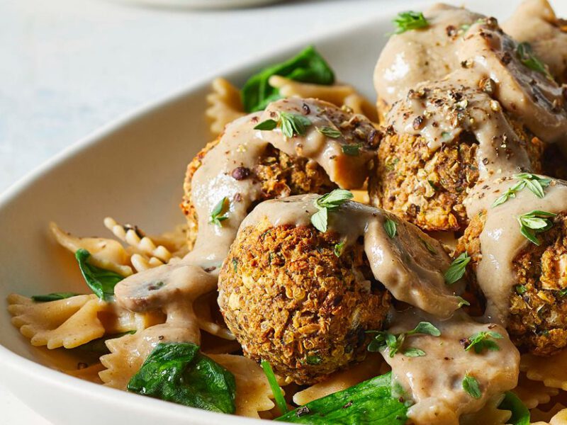 Mushroom Stroganoff with Wheatballs in a white bowl