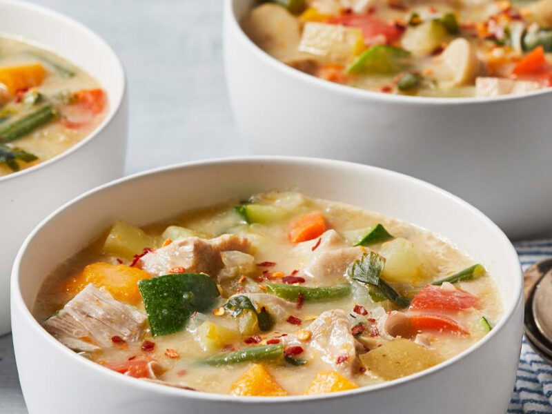 Jackfruit Chowder in white soup bowls