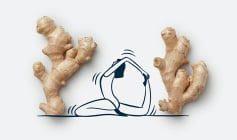 cartoon woman in yoga pose between 2 stalks of ginger