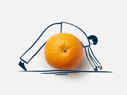 Cartoon person hangs body over an orange to signify depression and hopelessness