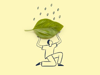 Cartoon man hiding under a leaf with wheat seeds raining down from above
