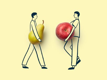 Cartoon men hold an apple or a pear over their bellies to signify obesity
