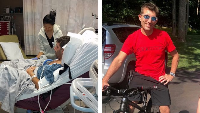 Mike Lewis - On the left, in his hospital bed immediately after his stroke and seizure, on the right, two years later, on a mountain bike, looking healthier