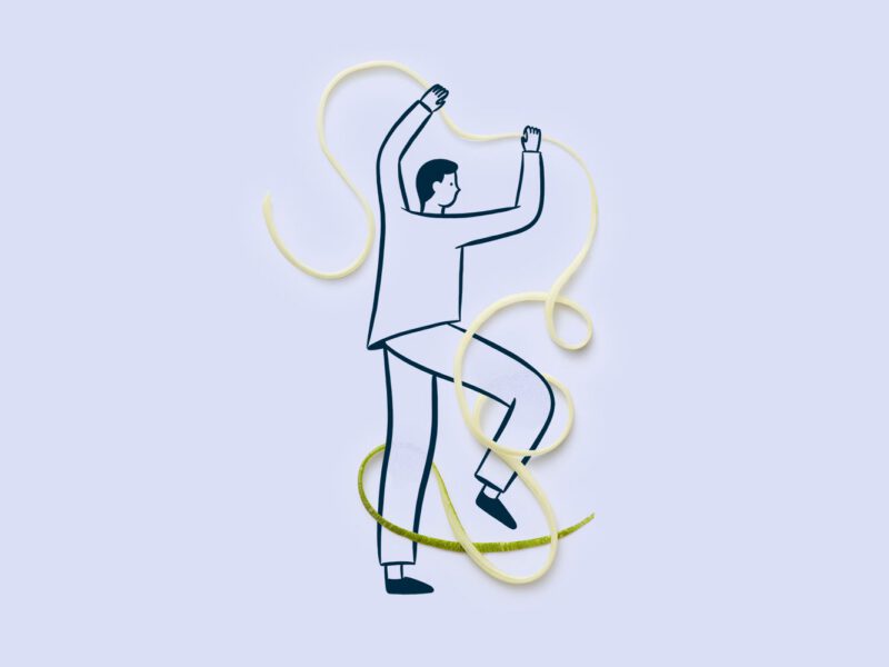 Irritable bowel syndrome -- illustration of a man tangled up in noodle
