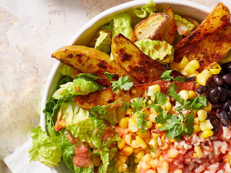 Potato Burrito Bowls with Salsa Fresca in a white bowl