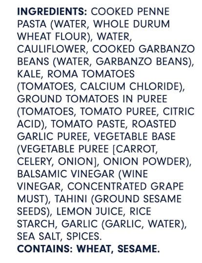 Ingredient list for Tuscan garden penne