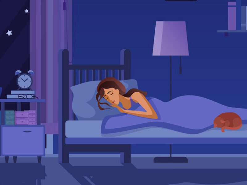 illustration of a woman sleeping in bed with a cat curled up at the foot of the bed