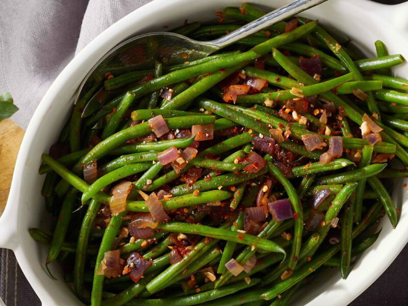 Vegan Southern Green Beans in a white casserole dish