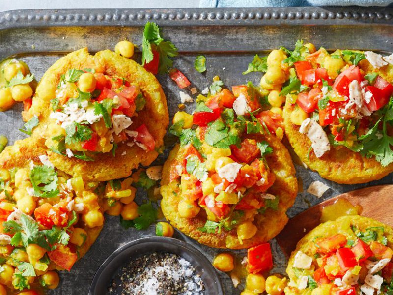 Delhi Chaat appetizers on a metal serving tray
