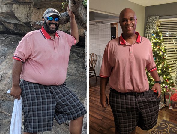 Two photos side by side: On the left, an overweight man stands outside in a canyon; on the right, a photo of the same man after significant weight loss