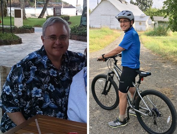 Two photos side by side - on the left, a man who is obese, sitting at a table; on the right, the same man, more than 100 pounds lighter, on a bicycle