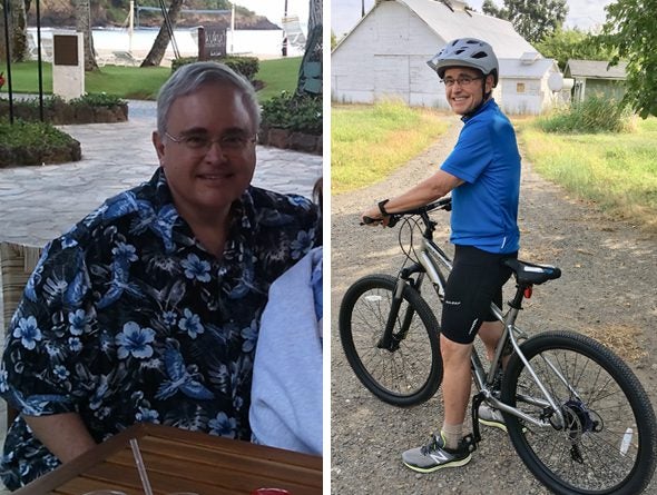 Two photos side by side - on the left, a man who is obese, sitting at a table; on the right, the same man, more than 100 pounds lighter, on a bicycle