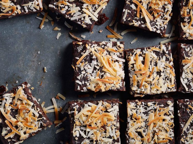 Black Forest Brownies with Cherries on a slate countertop