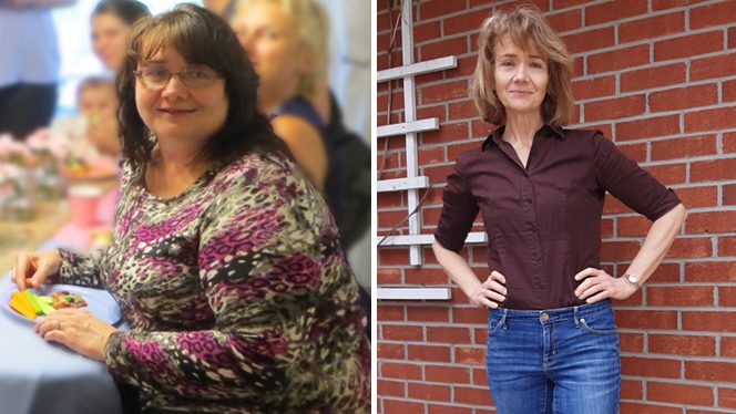 Two photos of Eugenie Carroll: On the left, a photo of Eugenie before she lost weight, sitting at a table with family; on the right, a photo of Eugenie 123 pounds lighter, standing in front of a brick wall with hands on hips