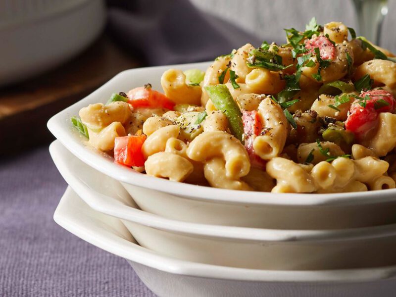 Cheesy Vegan Pimiento Mac in a white bowl