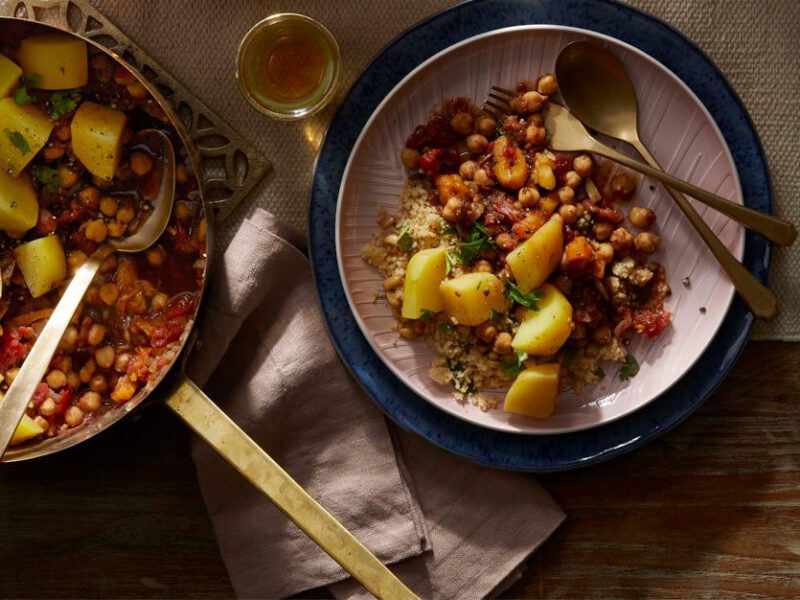 Moroccan Chickpea-Potato Tagine in a metal pot