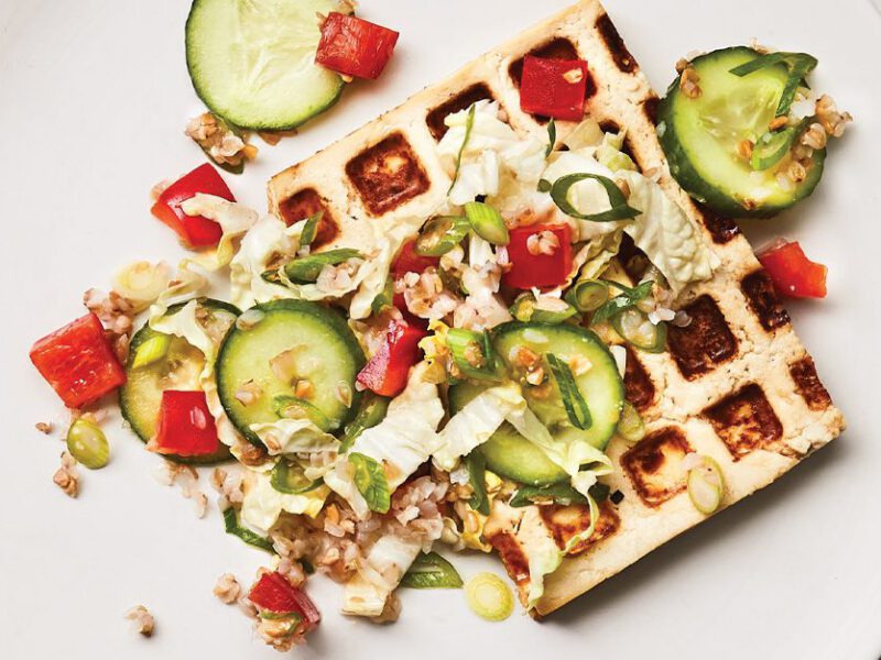 Miso Tofu Waffles with Kasha Salad on a white plate