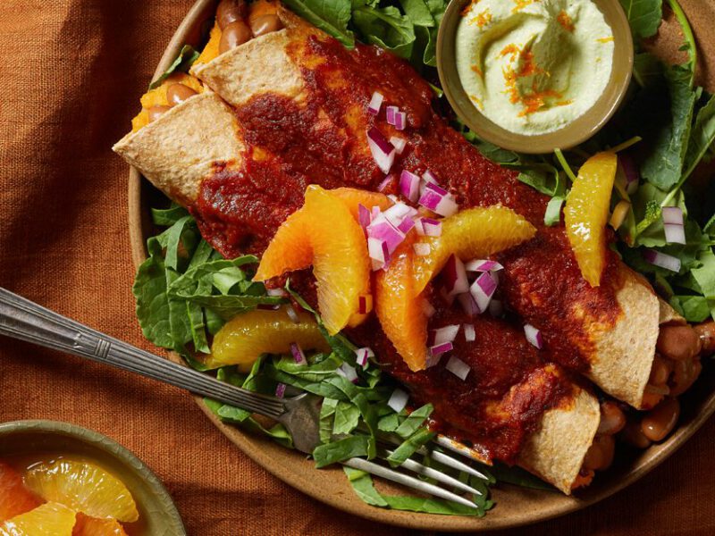 Bean and Sweet Potato Enchiladas with Cilantro-Orange Crema