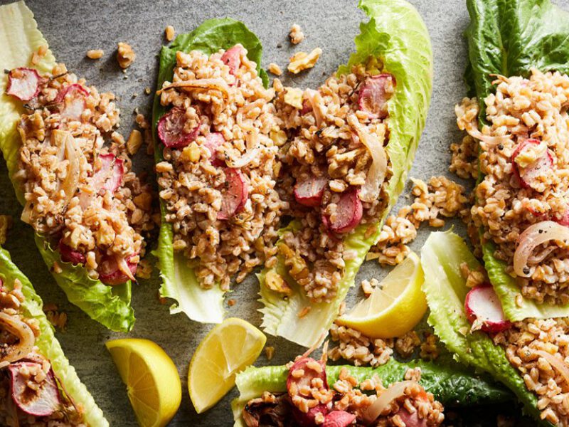 Lettuce Cups with Roasted Radish and Farro on a gray countertop