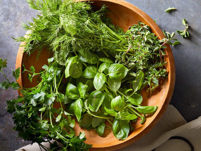 A bowl of snipped fresh green herbs, including mint, basil, oregano, and chives, sitting in a terra cotta bowl on a gray table