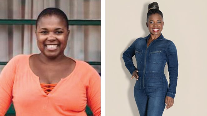 Two photos showing Andrea Kane before adopting a whole-food, plant-based diet and resolving her rheumatoid arthritis pain - on the left, she wears an orange shirt, on the right, she wears a fitted denim jumpsuit and has lost weight
