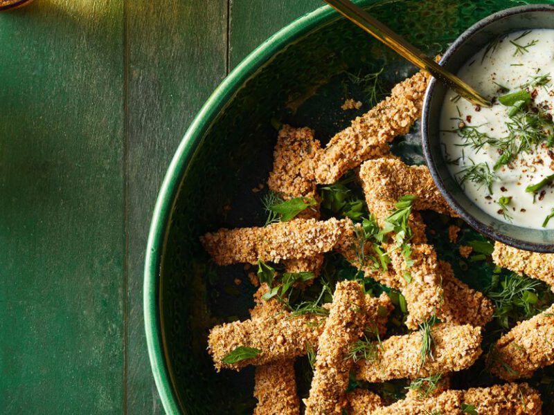 Nopales Fries with Dipping Sauce on a green plate