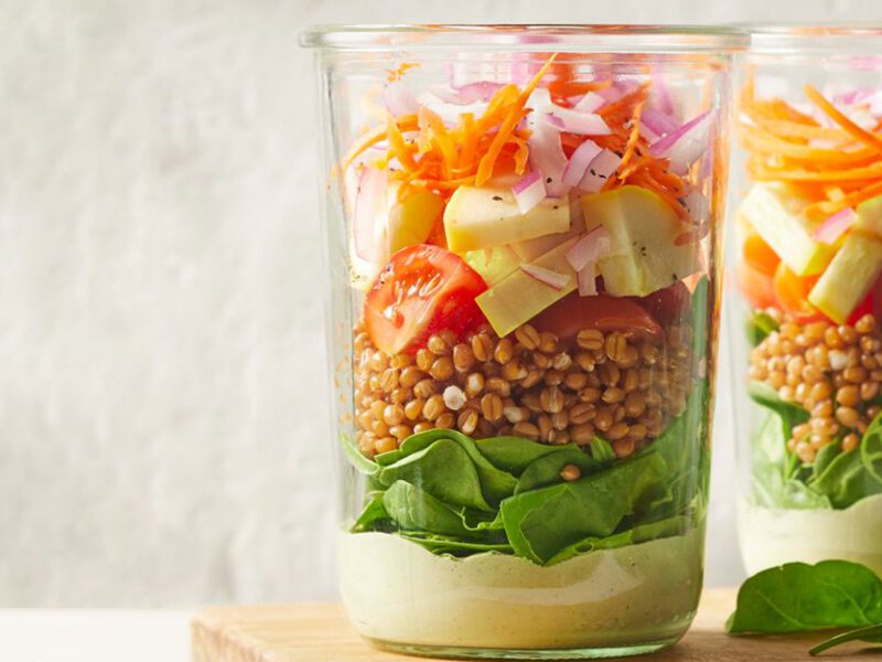 Mason Jar Salad with Creamy Pesto Dressing
