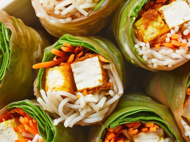 Curried Tofu Summer Rolls in a white tray